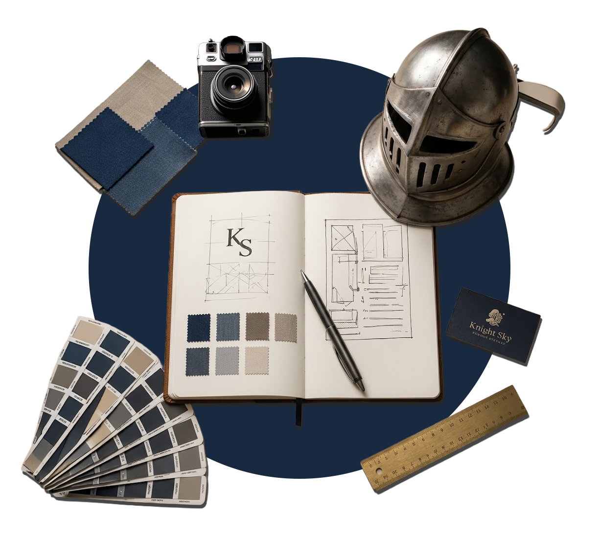 Flat lay of Knight Sky branding: open sketchbook with KS logo and floor-plan sketches, fabric and paint swatches, vintage camera, knight helmet, ruler, and business card