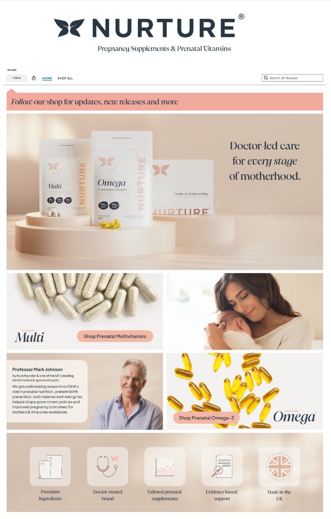 Nurture Amazon Brand Store mockup — header, follow banner, hero with product trio on pedestals, 2×2 shop grid and trust icon row