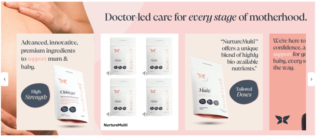 Brand story carousel frame — horizontal cards with Omega and Multi storytelling and navigation chevrons