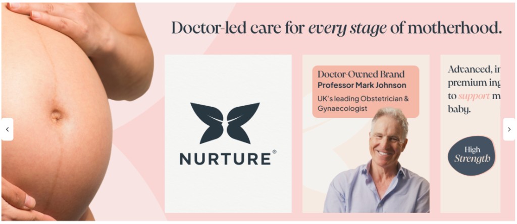 Brand story carousel frame — doctor-led headline with logo card, Professor Mark Johnson profile and product callouts