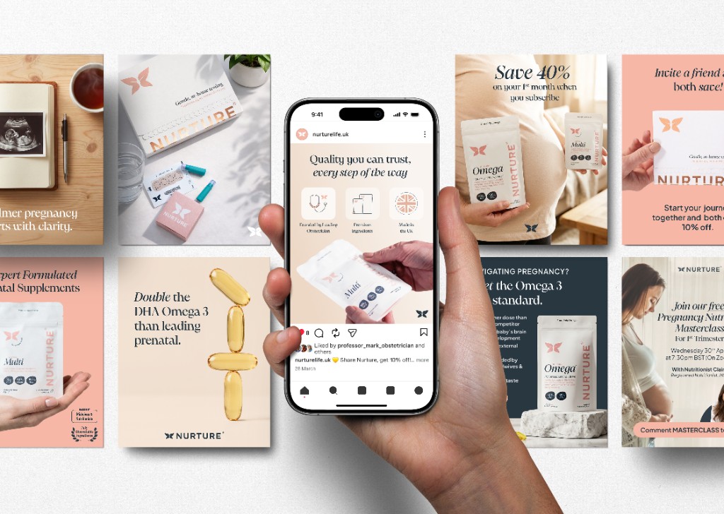 Nurture Instagram composite — hand holding phone on nurturelife.uk quality post; background grid of lifestyle, kit, Omega, Multi, referral and masterclass placements