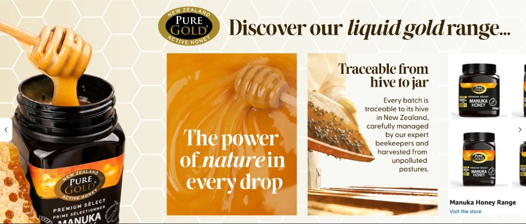 Pure Gold brand story — headline with hero jar drip, nature copy and hive-to-range panels