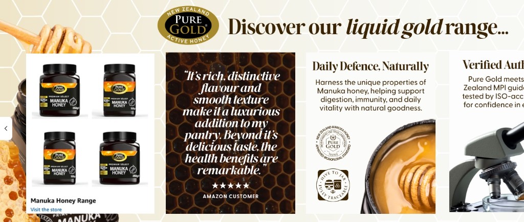 Pure Gold brand story — storefront-style modules with testimonials and certification