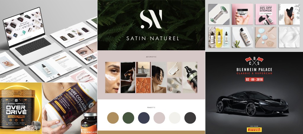 Collage of brand packaging and campaign work