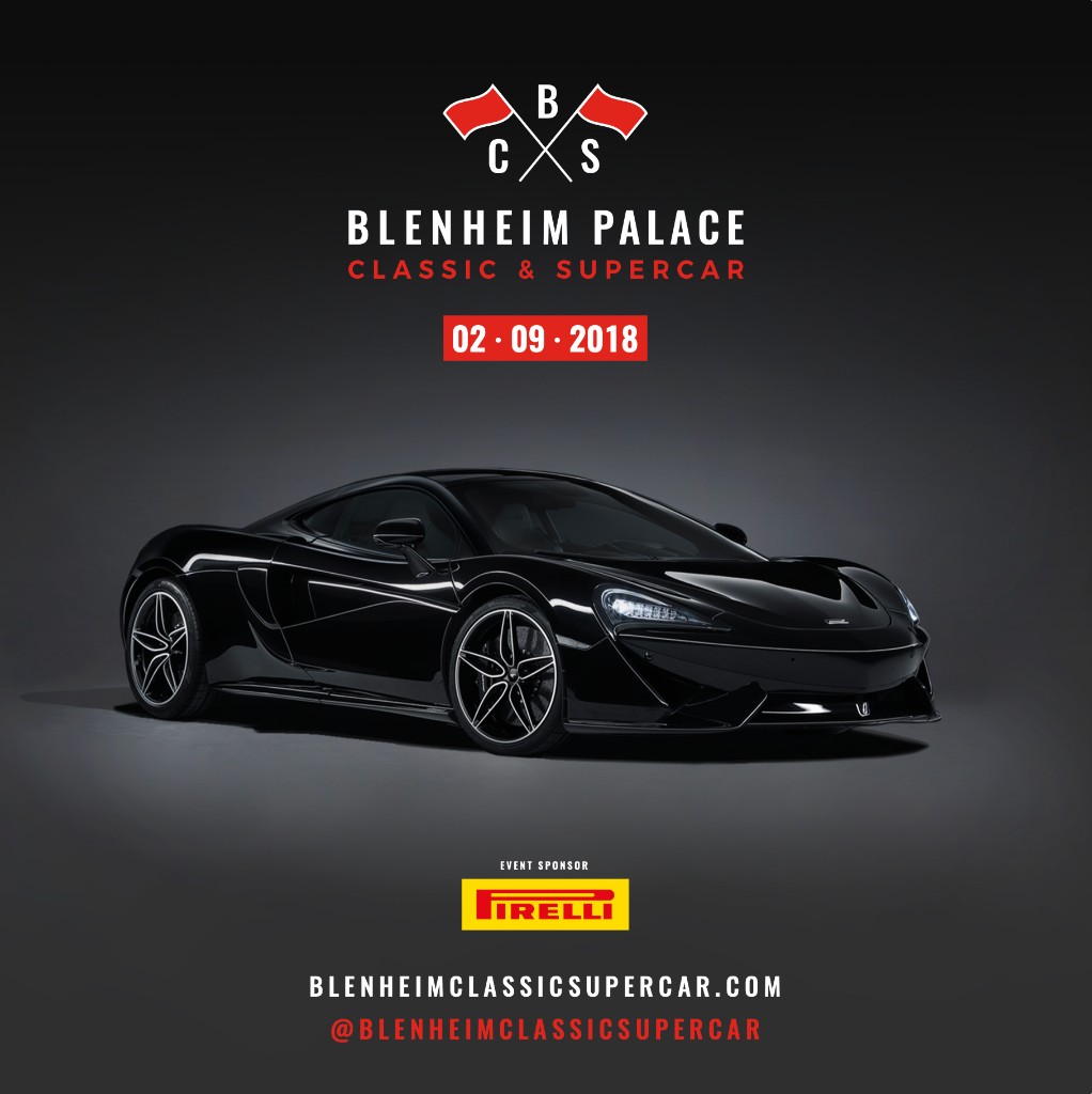 Blenheim Palace Classic & Supercar event poster — McLaren hero, 02 September 2018, Pirelli sponsor and event branding