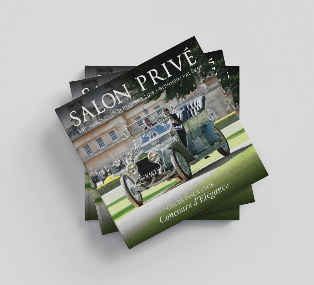 Salon Privé Concours d'Élégance programme — stacked cover mockup with event dates and Blenheim Palace photography