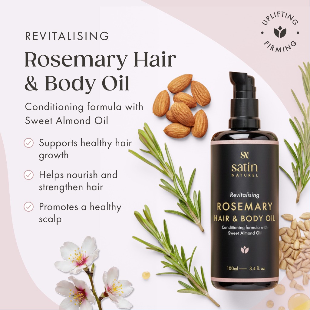 Amazon PDP graphic PT01 — revitalising rosemary hair and body oil with sweet almond conditioning; benefits for hair growth, nourishment and scalp health
