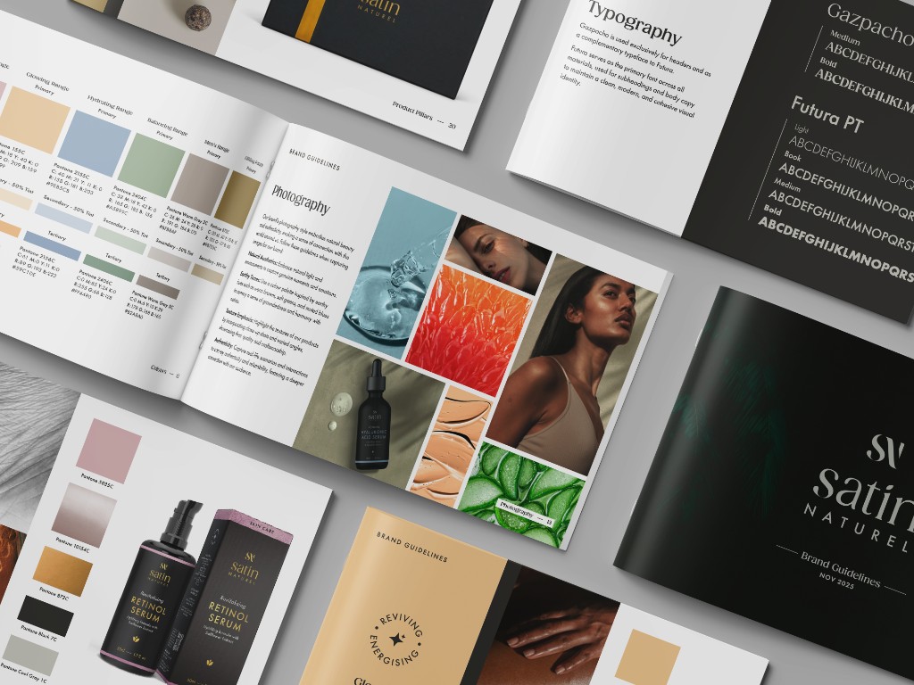 Satin Naturel brand guidelines manual — spreads showing colour, typography and photography direction