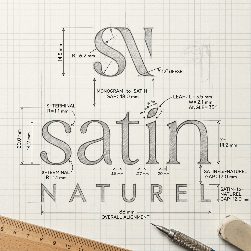 Satin Naturel logo construction sketch — graphite monogram and wordmark measurements on grid paper with drafting guides
