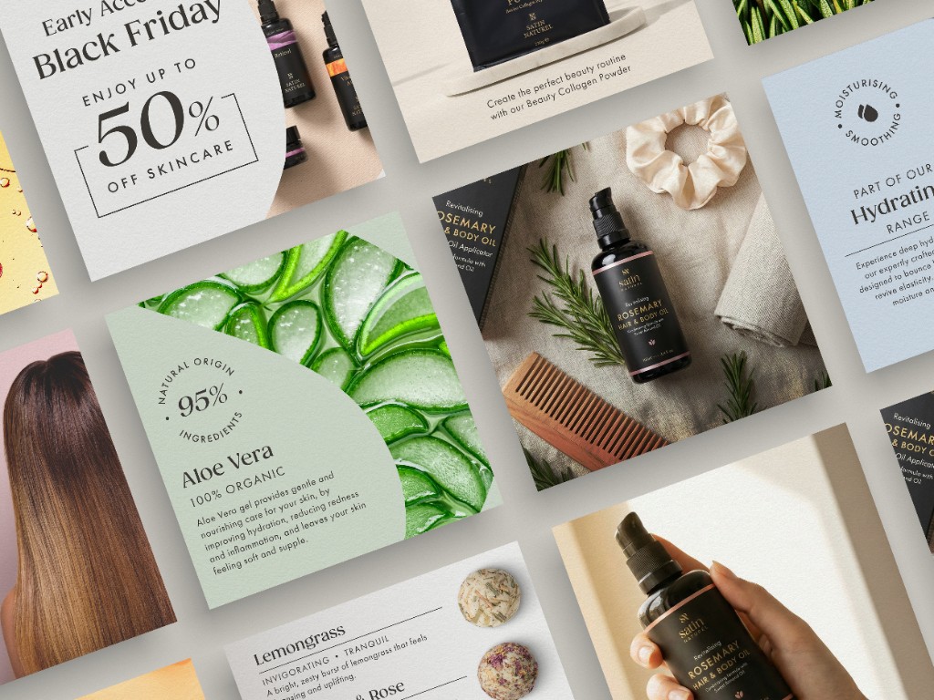 Satin Naturel social templates collage — Black Friday, aloe ingredient story, rosemary hair oil flatlay, hydrating range and campaign tiles